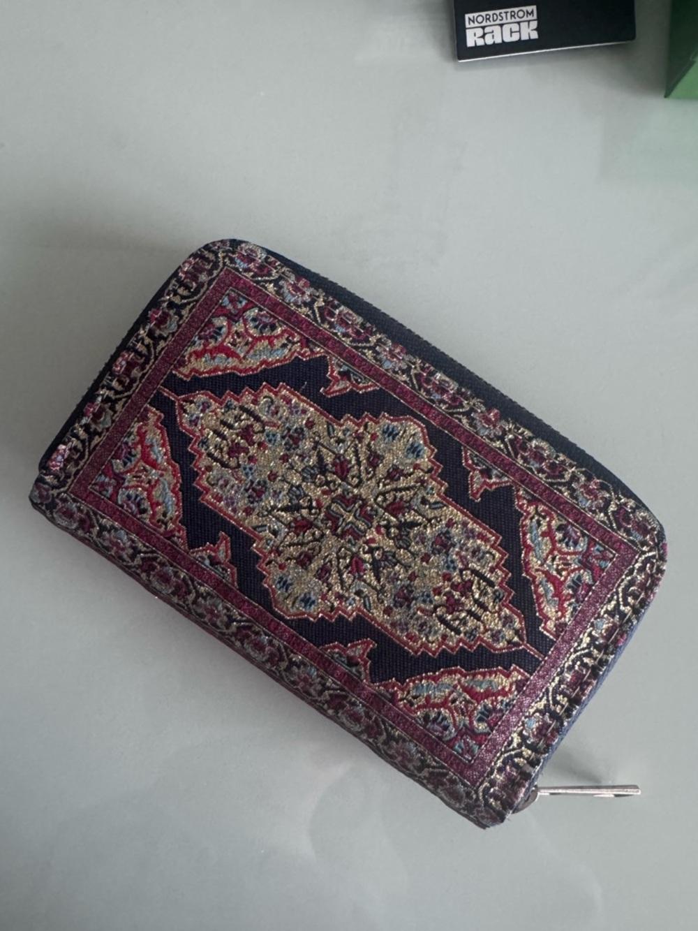 Tapestry Zip Wallet in Navy and Burgundy